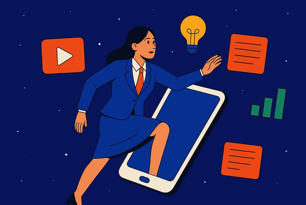 A business women step into a phone screen