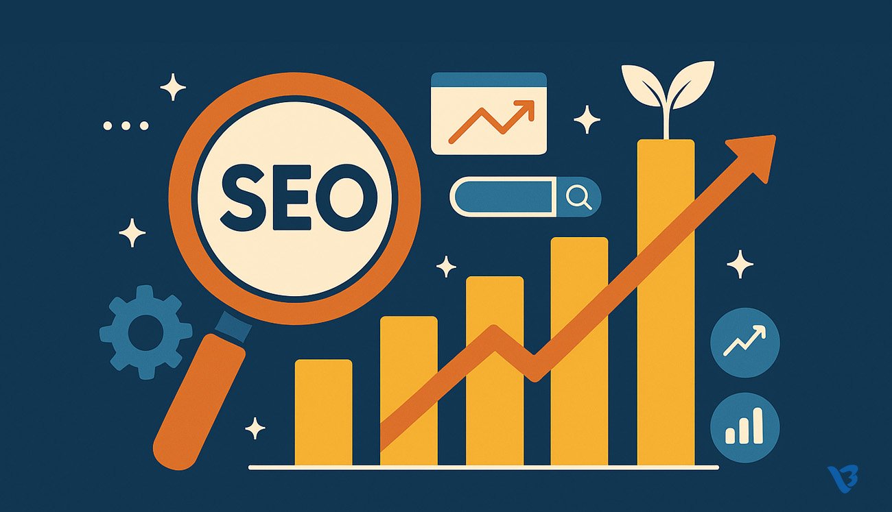 Seo text and search icon and a graph which indicate growth