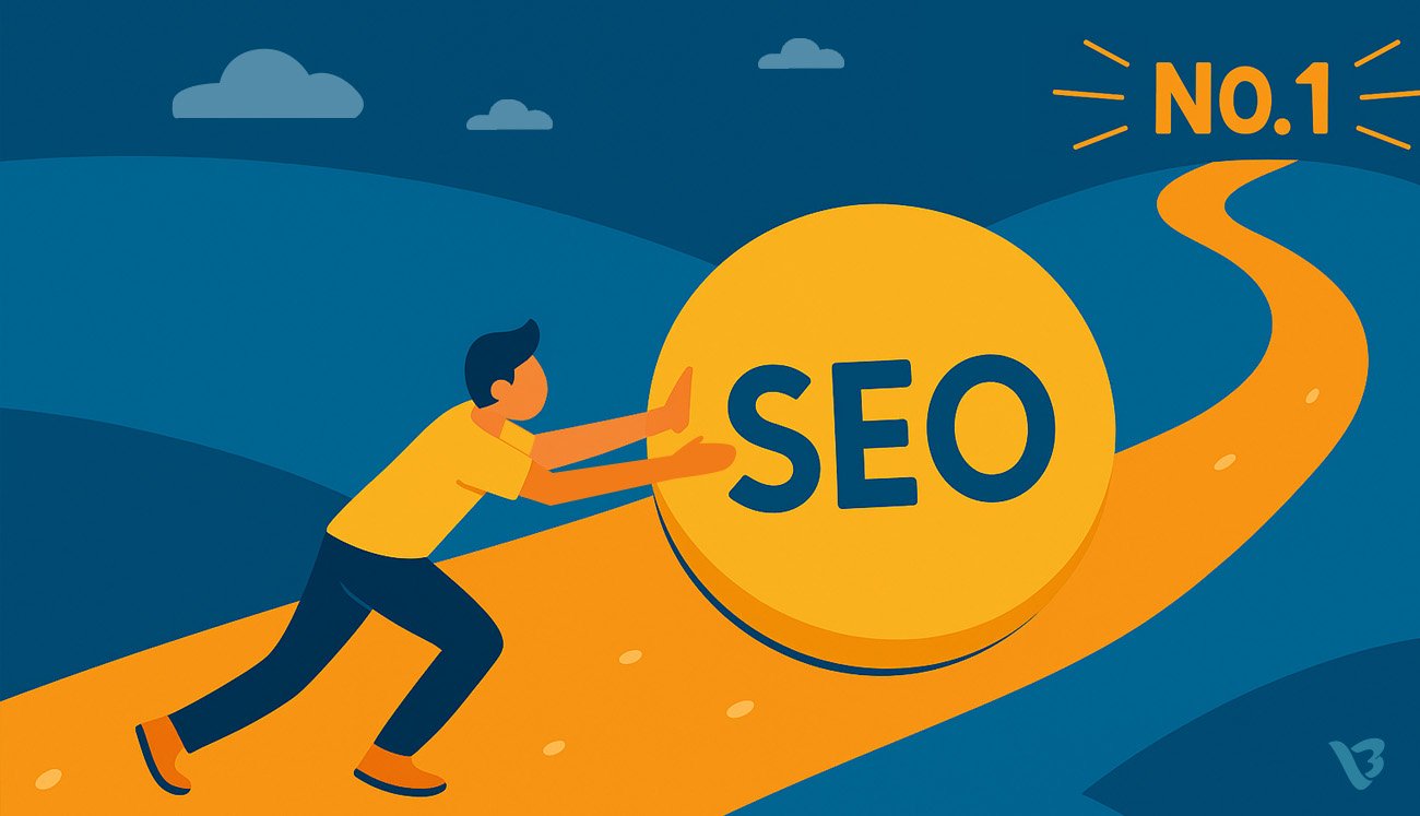 A guy pushing a ball in which seo written and he is trying to push it a destination where NO. 1 text written