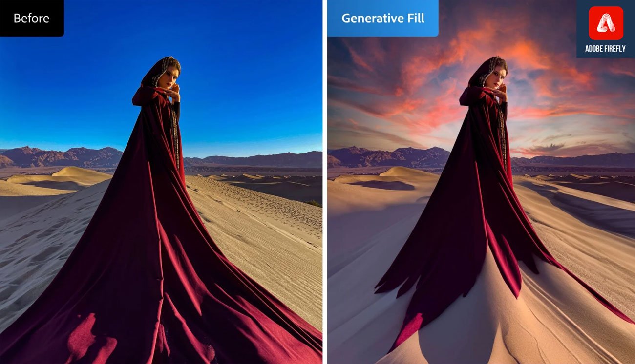 The left image was the source image, and the right image was generated using Adobe Firefly. You can see the difference between the clothing, sky and background effect. 