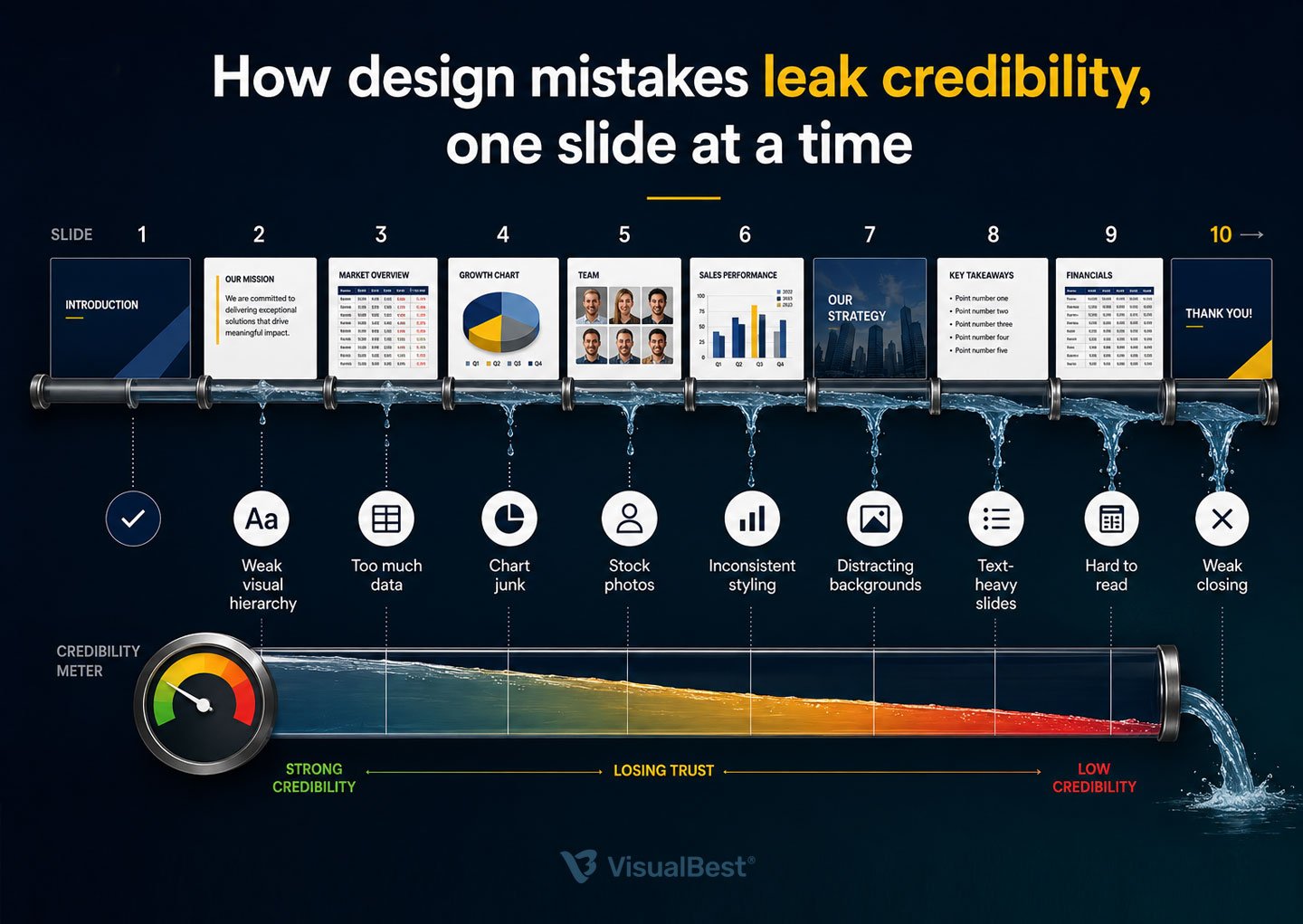 how design mistakes leak credibility, one slide at a time - The credibility leak" diagram Format: a slide deck illustration with a visible "credibility meter" draining across slides Concept: show a deck progressing slide 1 → slide 10, with a credibility gauge dropping each time a "mistake" icon appears