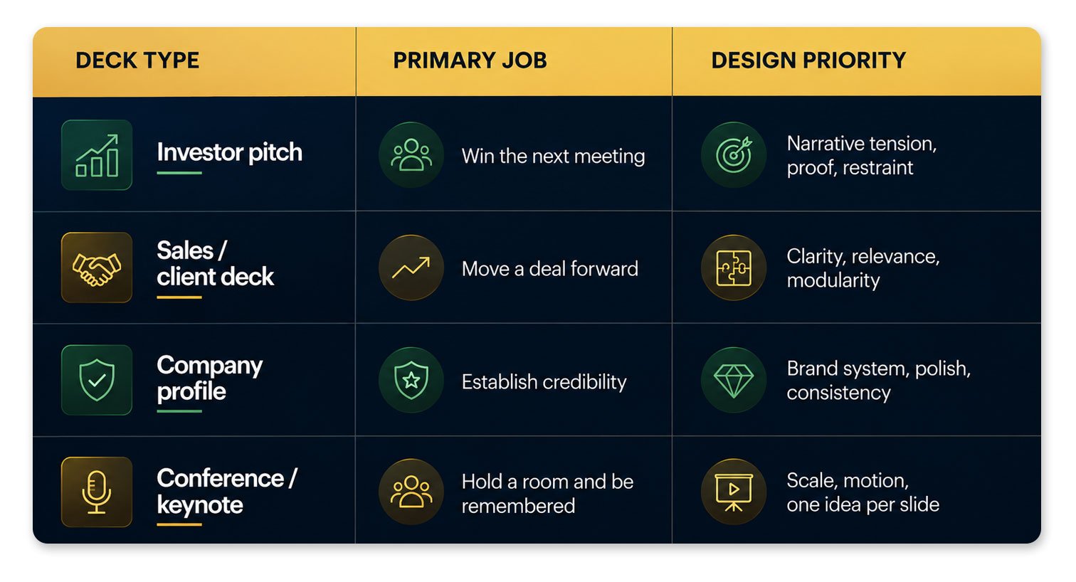Four corporate decks, four design jobs" Each quadrant: deck type + primary job + design priority