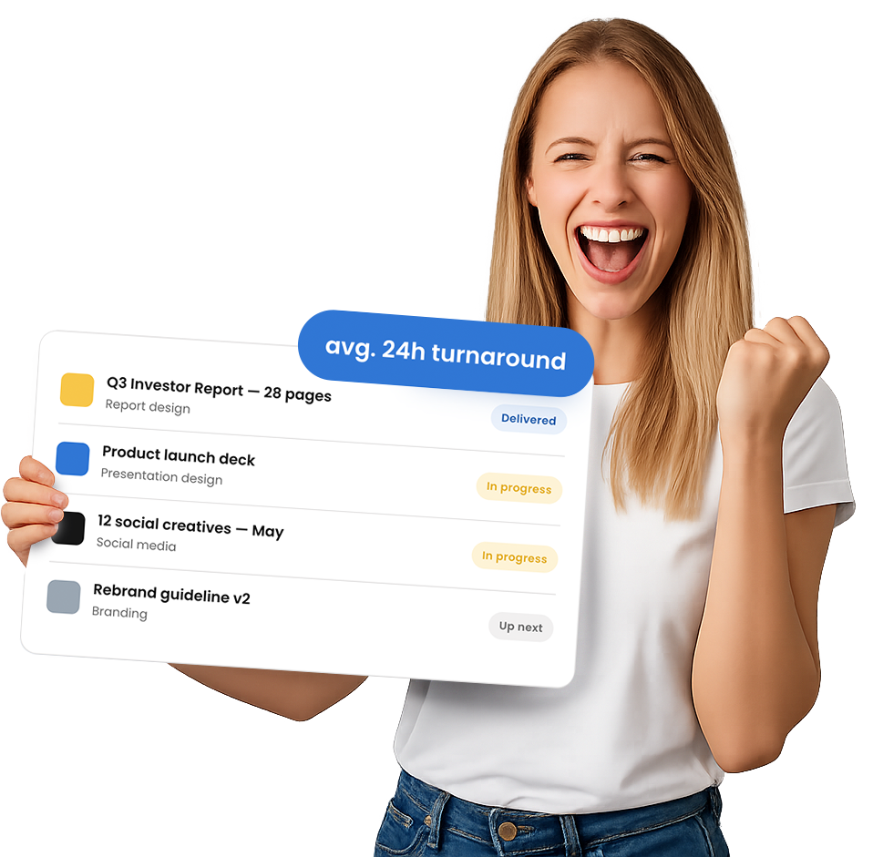 Happy client holding a dashboard of design requests delivered on retainer, with an average 24-hour turnaround