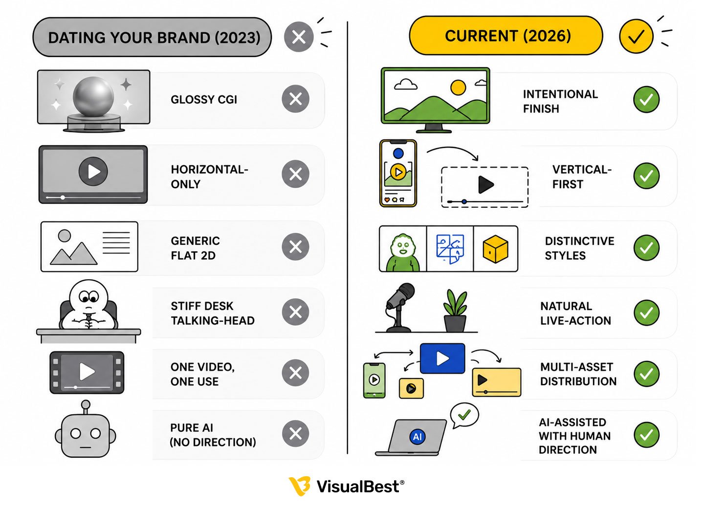 Outdated vs Current" video strip Format: side-by-side comparison graphic Left "Dating your brand (2023)": glossy CGI / horizontal-only / generic flat 2D / stiff desk talking-head / one-and-done / pure AI Right "Current (2026)": intentional finish / vertical-first / distinctive styles / natural live-action / multi-asset distribution / AI-assisted with human direction Muted left, brand-accent right. Brand palette. Placement: right after this section